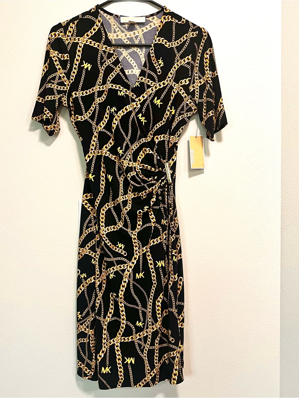NEW Michael Kors Black Dress with Gold Chain Print Wrap